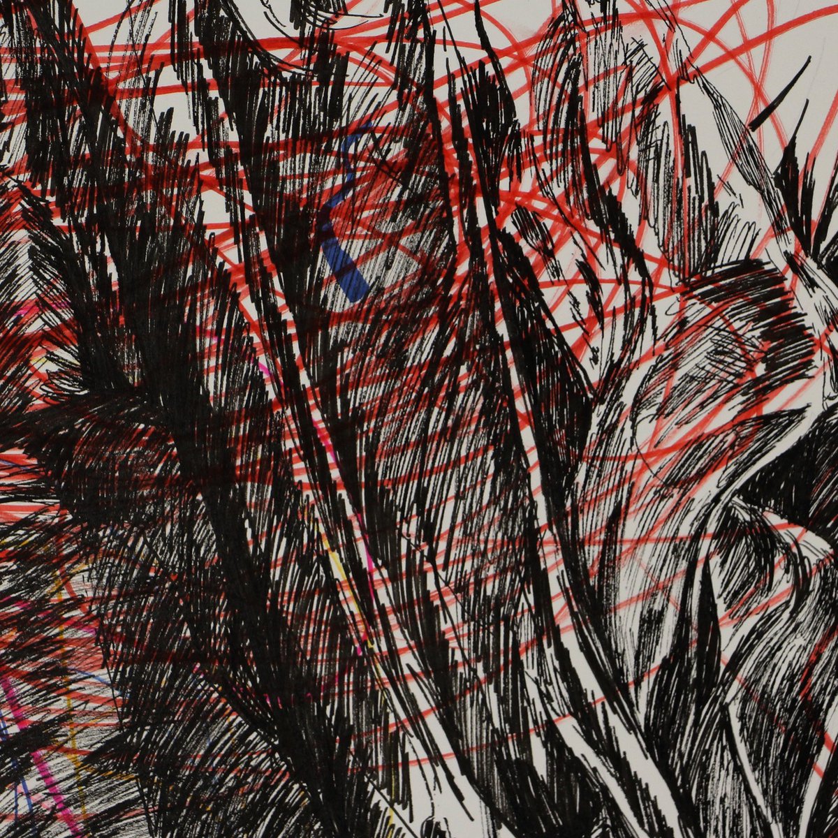 BretMenoni's tweet photo. Deuxième dessin en duo avec mon fils Marin, bientôt deux ans, déjà très sélectif dans ses choix de couleurs. Fatigue et douceur, dessin à quatre mains aux feutres sur papier, 50 × 50 cm, 2025. https://t.co/0rWcbiigA9