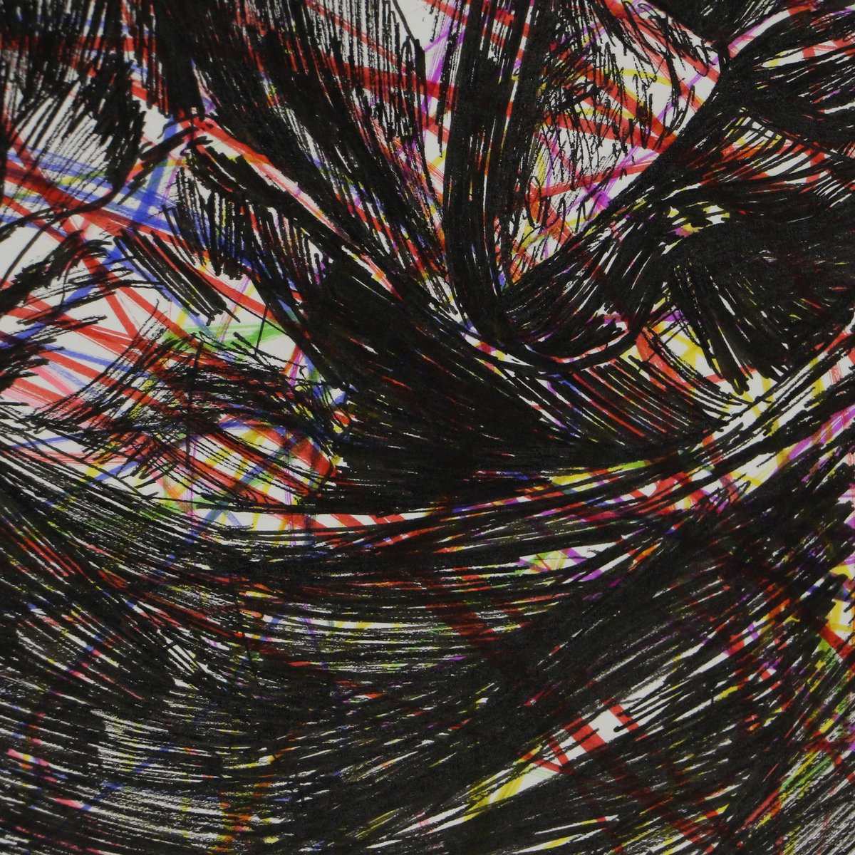 BretMenoni's tweet photo. Deuxième dessin en duo avec mon fils Marin, bientôt deux ans, déjà très sélectif dans ses choix de couleurs. Fatigue et douceur, dessin à quatre mains aux feutres sur papier, 50 × 50 cm, 2025. https://t.co/0rWcbiigA9