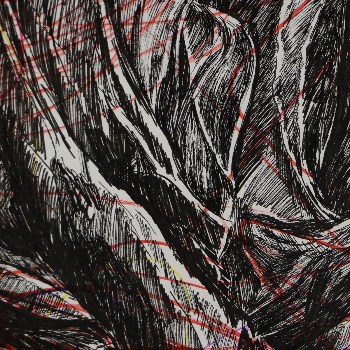 BretMenoni's tweet photo. Deuxième dessin en duo avec mon fils Marin, bientôt deux ans, déjà très sélectif dans ses choix de couleurs. Fatigue et douceur, dessin à quatre mains aux feutres sur papier, 50 × 50 cm, 2025. https://t.co/0rWcbiigA9
