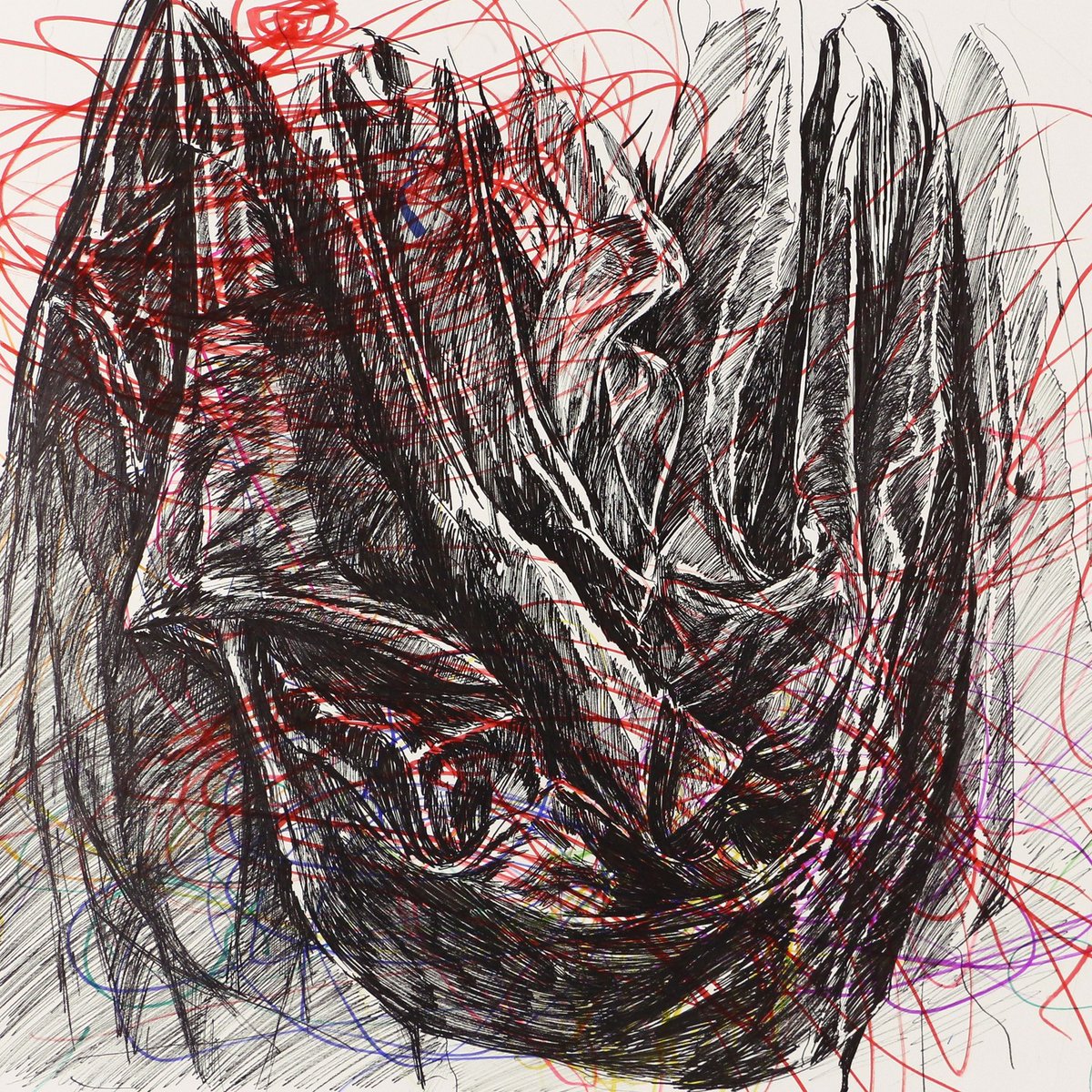 BretMenoni's tweet photo. Deuxième dessin en duo avec mon fils Marin, bientôt deux ans, déjà très sélectif dans ses choix de couleurs. Fatigue et douceur, dessin à quatre mains aux feutres sur papier, 50 × 50 cm, 2025. https://t.co/0rWcbiigA9