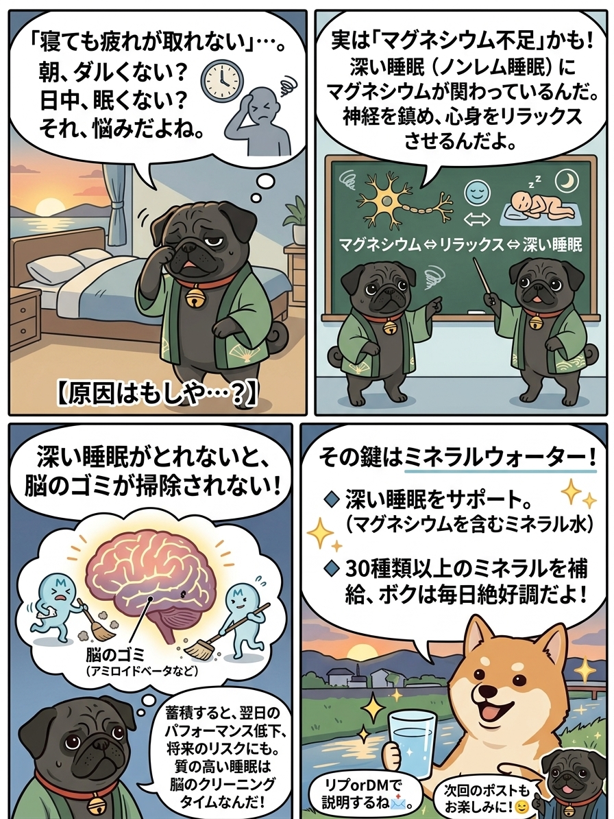 Notoriousmagari's tweet photo. 【「寝ても疲れが取れない」その原因、実は…？】

毎日しっかり寝ているつもりなのに、朝起きると体がダルい、日中ずっと眠い…。そんな悩みを抱えていませんか？

実は、その原因は「マグネシウム不足」にあるかもしれません。

私たちの睡眠、特に「深い睡眠（ノンレム睡眠）」には、マグネシウムが深く関わっています。マグネシウムには、神経を鎮め、心身をリラックスさせる働きがあるため、これが不足すると、寝付きが悪くなったり、睡眠の質が低下して深い眠りに入れなくなったりするのです。

そして、ここが重要です！

「深い睡眠」がとれていないと、恐ろしいことに、日中に脳内で溜まった「ゴミ（アミロイドベータなどの老廃物）」が十分に掃除されません。この脳のゴミが蓄積することが、翌日のパフォーマンス低下や、将来的な脳の健康リスクにもつながると言われています。つまり、質の高い睡眠は、脳のクリーニングタイムなのです。

私は、この事実を知ってから、意識してマグネシウムを含むミネラルを摂るようにしました。

今は、30種類以上のミネラルがバランスよく含まれたお水を毎日飲んでいます。そのおかげか、以前のような朝のダルさはなくなり、毎日スッキリと目覚めることができています✨

しかも、このお水、なんと1リットルあたり約25円！ 市販のミネラルウォーターを買うよりもずっと経済的で、毎日おしみなく続けられるのが嬉しいポイントです。
そして最後に…！

実は、睡眠の質が良くなると、脳のスッキリ感以外にも「意外な驚きの効果」があるんです。その驚きの効果については…次回のポストでお話ししますね！😉

このお水に興味がある方はリプorDM下さい！丁寧に説明します📩