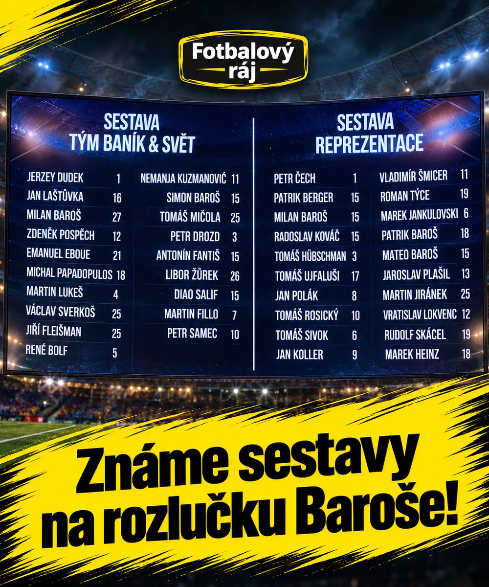 DominikMac87993's tweet photo. Co říkáte na sestavy na rozlučku Milana Baroše? Já mám lístek na stadion koupený již od března a na zápas jsem se těšil. Chápu omluvenky atd., ale musím říct, že jsem docela zklamaný, co se zahraničních hráčů týče. To už se rovnou mohlo hrát sestavy Baník vs reprezentace. https://t.co/dWnv18bmPv