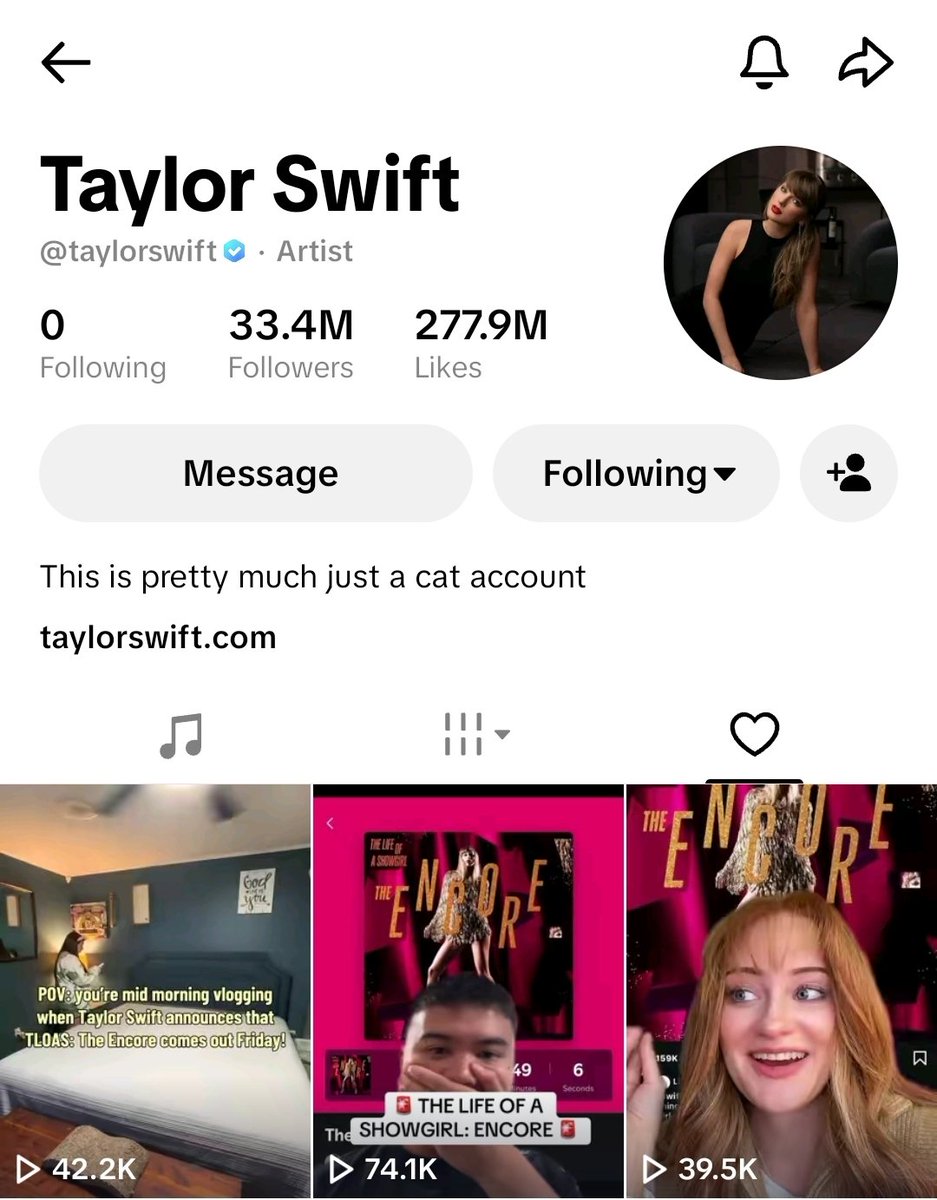 TSNews_13's tweet photo. Taylor Swift recently liked a TikTok post reacting to the announcement of “The Life of a Showgirl: The Encore.” https://t.co/7qxctp5D0w