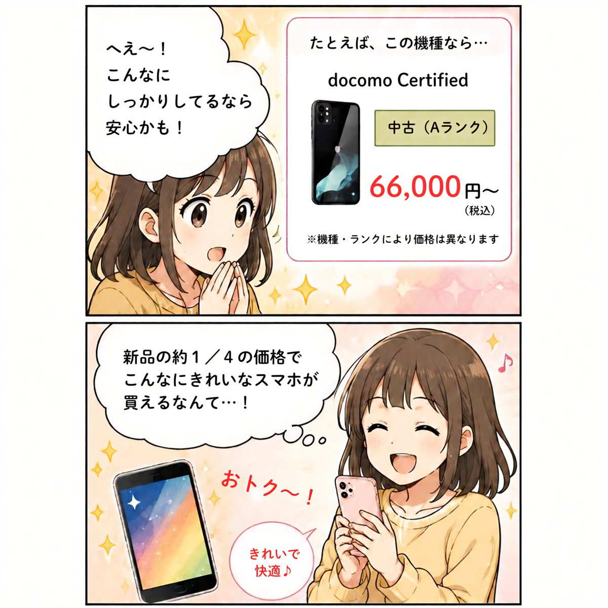 docomo_ipv's tweet photo. 「最近のスマホは高い！」と思ったら！✨

＼ドコモ認定の中古スマホ／

ぜひ店頭で価格や本体の状態を見に来てください📱 https://t.co/KYWClfAp8t