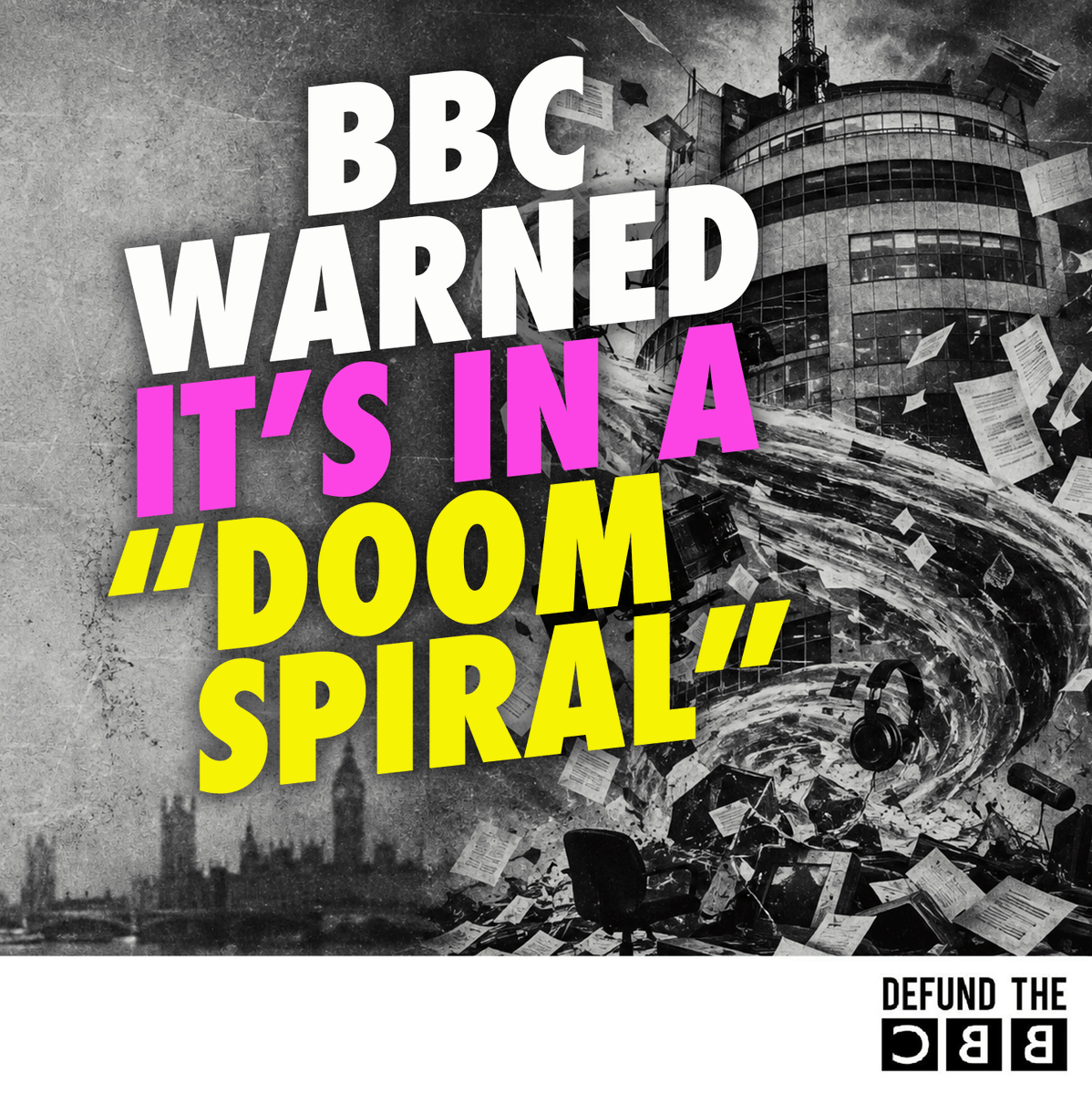 DefundBBC's tweet photo. 🚨The BBC is in an “inescapable doom spiral”, we're told.

And already the calls have begun for politicians to step in and secure more funding.

🗣️We say: good riddance🧵 

#DefundtheBBC https://t.co/G752kEFGLx