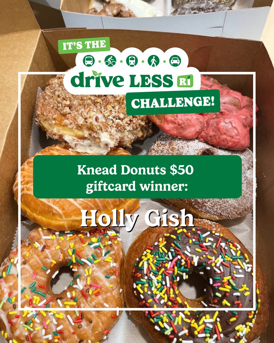 DriveLessRI's tweet photo. 🍩 A sweet win for Holly Gish! Congrats on winning a $50 @KNEADDOUGHNUTS gift card! In the past month, she logged 29 green trips, including 13 walking trips. 👟 Keep logging with Drive Less RI for chances to win weekly prizes and our quarterly grand prize! 🎁 https://t.co/OyPFbDBMw7