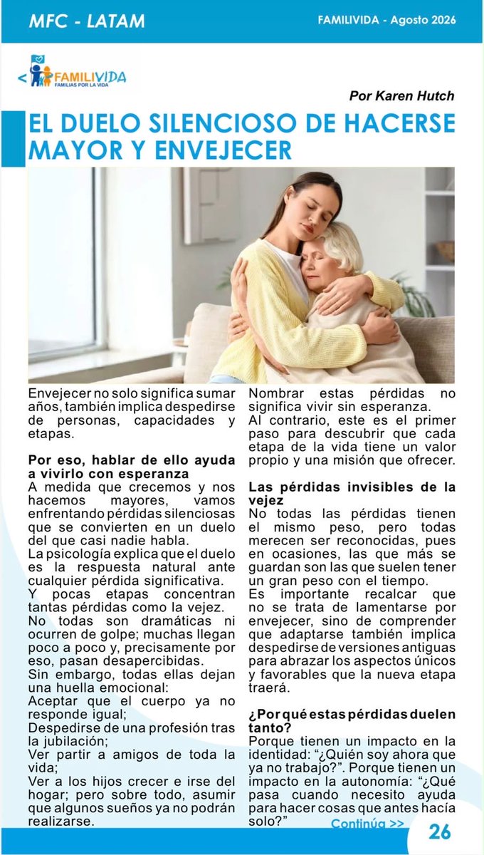 familividaec's tweet photo. El duelo silencioso de envejecer: despedidas invisibles que también duelen. Por Karen Hutch en FAMILIVIDA Agosto 2026 👉 https://t.co/yeSKYge1SW
#Familivida #MFCLATAM #Envejecer https://t.co/lRTrzze3e7