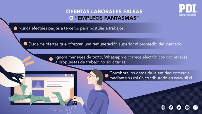 PDI_LosRios's tweet photo. 🔎Si estás en búsqueda de #trabajo:
Sigue las recomendaciones de la Brigada Investigadora de Delitos Económicos y así evita caer en ofertas laborales fraudulentas. ❌🧐 #Valdiviacl #LosRios #ElRanco #Valdivia https://t.co/DmvLClyrzK