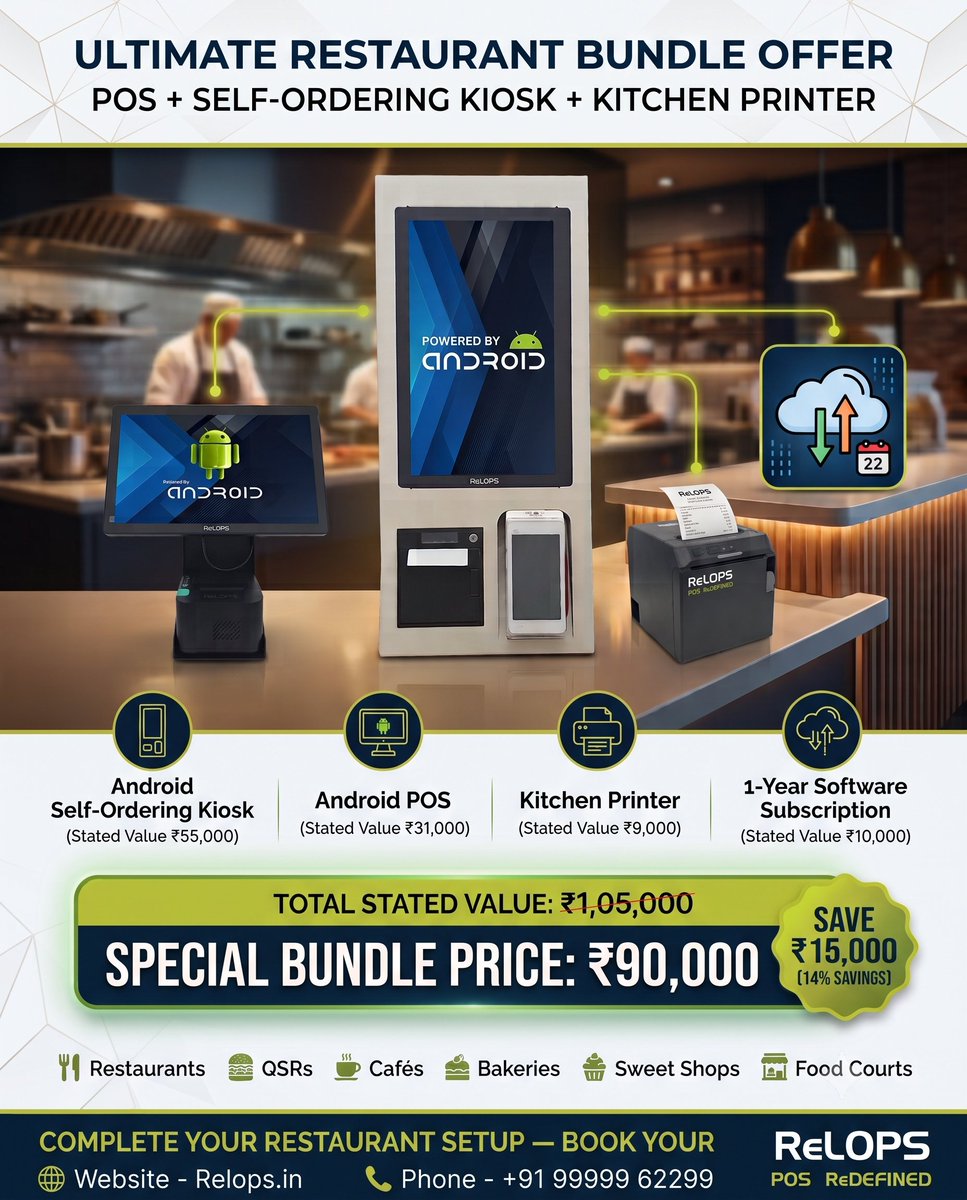RelopsIndia's tweet photo. Upgrade your restaurant with the Ultimate POS Bundle!

POS + Self-Ordering Kiosk + Kitchen Printer + 1-Year Software

💰 Value: ₹1,05,000
�� Bundle Price: ₹90,000
🎉 Save ₹15,000 (14%)
Perfect for Restaurants, QSRs, Cafés, Bakeries &amp; Food Courts.
📞 +91 99999 62299 https://t.co/6owXiuvETG