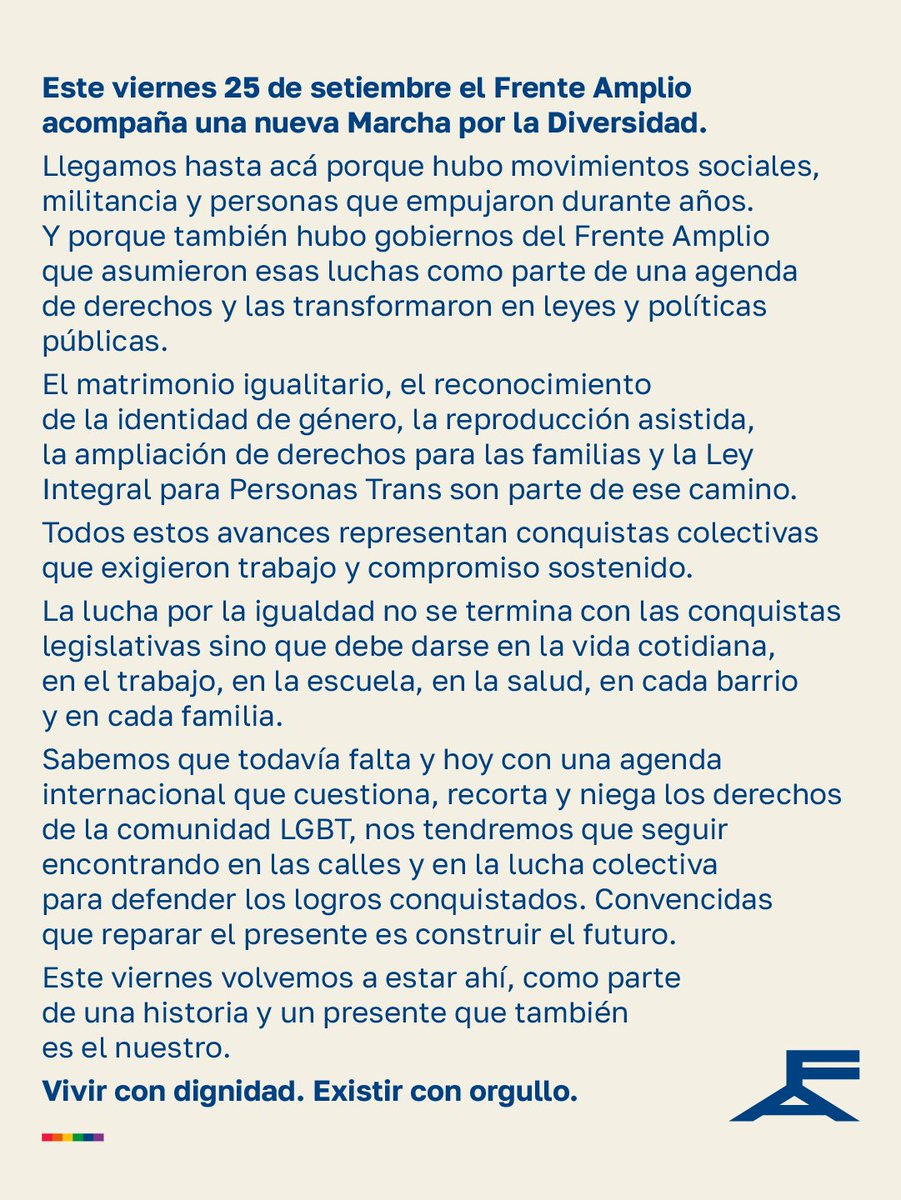 Frente_Amplio's tweet photo. 🏳️‍🌈 Hoy nos encontramos en la Marcha de la Diversidad

Por lo conquistado, por lo que falta y porque los derechos se celebran, se defienden y se siguen construyendo 🌈✊ https://t.co/NS5bmQ6muw