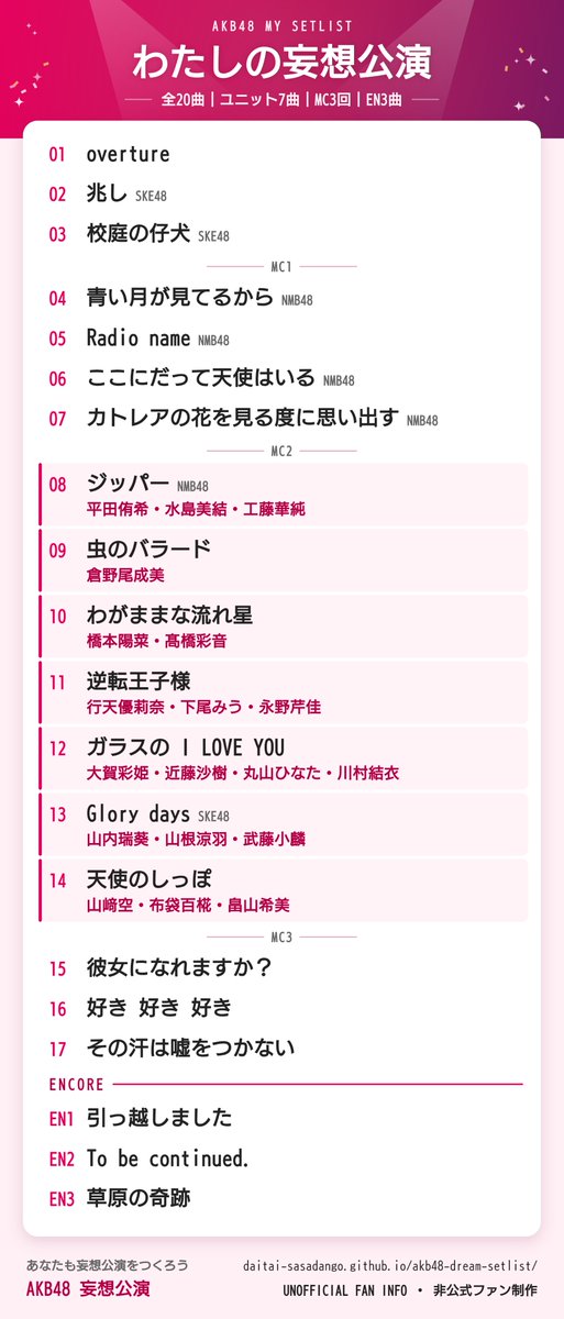 tkm_848's tweet photo. わたしの妄想公演🎤
全20曲・ユニット7曲

自分が好きな曲を詰め込んだ🤣
#AKB48 #妄想セトリ https://t.co/f0GoDheZ8x https://t.co/oYnBKdRW30