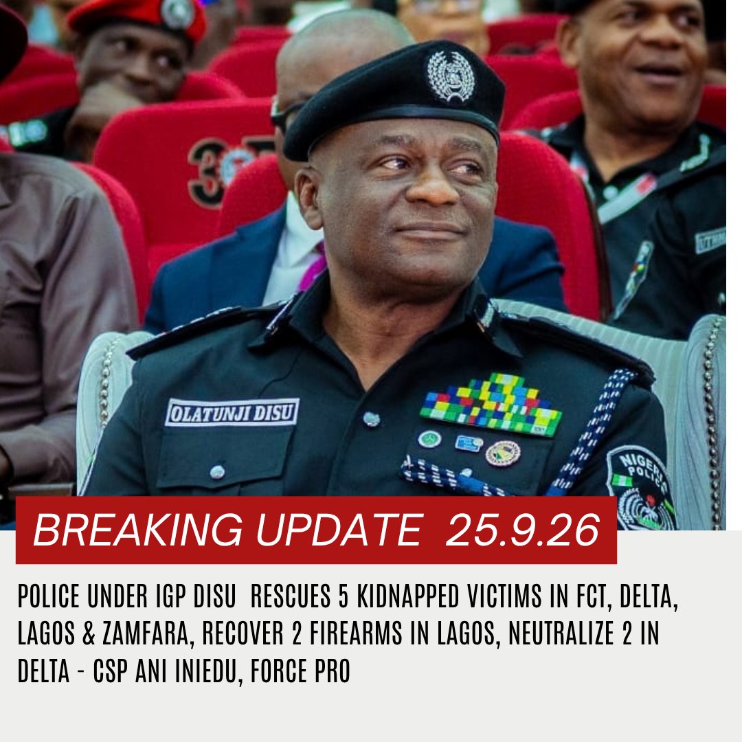 CspIniedu's tweet photo. Good Morning Esteemed,

Kindly find below the State-by-State Executive Summary of @policeNG Operational Successes for 25th September, 2026:

1. DELTA STATE (23rd September, 2026): ARREST OF SEVEN SUSPECTED CULTISTS / RECOVERY OF WEAPONS AND ILLICIT DRUGS

✅ Police operatives successfully mobilised to a forest area around Owhelogbo and arrested seven male suspects linked to a cult-related incident.

✅ One of the suspects was on the CACU wanted list in connection with killings and arson.

✅ Recovered exhibits include four cutlasses, one battle axe, two jack knives and quantities of illicit drugs.

🔹 Status: SCID Asaba Investigating.

2. LAGOS STATE (23rd–24th September, 2026): ARREST OF FOUR ARMED ROBBERY SUSPECTS / RECOVERY OF TWO FIREARMS AND FIFTEEN LIVE AMMUNITIONS

✅ Police operatives successfully arrested four suspects linked to armed robbery activities.

✅ One pump-action gun with 11 cartridges was recovered from one of the suspects.

✅ One Beretta pistol loaded with four rounds of 9mm ammunition was also recovered.

🔹 Status: SCID Panti Investigating.

3. NASARAWA STATE (19th–23rd September, 2026): ARREST OF FOUR SUSPECTS IN ATTEMPTED ABDUCTION AND MURDER PLOT

✅ Intelligence-led operations successfully led to the arrest of four suspects who allegedly conspired to abduct and murder a victim after collecting ransom.

✅ The four suspects confessed to the crime during interrogation.

🔹 Status: SCID Lafia Investigating.

4. ABIA STATE (23rd September, 2026): ARREST OF WANTED ARMED ROBBERY AND KIDNAPPING SUSPECT

✅ Police operatives, acting on credible intelligence, successfully arrested a wanted suspect linked to serial armed robbery and kidnapping activities.

✅ The suspect was apprehended during a reconnaissance operation at his residence.

🔹 Status: SCID Umuahia Investigating.

5. OGUN STATE (23rd September, 2026): ARREST OF SUSPECT IN ABDUCTION AND DEFILEMENT OF MINOR

✅ Anti-Crime Patrol operatives successfully arrested a suspect linked to the abduction of a 16-year-old girl who had been reported missing.

✅ Medical examination confirmed that the victim had been defiled, while the suspect was taken into custody for investigation.

🔹 Status: SCID Eleweran Investigating.

6. DELTA STATE (23rd September, 2026): RESCUE OF KIDNAPPED VICTIM / NEUTRALISATION OF TWO SUSPECTED KIDNAPPERS / RECOVERY OF EXHIBITS

✅ Police operatives, in collaboration with local security personnel, successfully rescued a kidnapped female victim unhurt from a forest.

✅ The rescue operation followed a gun duel with suspected kidnappers, who abandoned the victim and fled.

✅ One unidentified suspect was found lifeless, while another suspect sustained gunshot wounds and later died while being conveyed for medical attention.

✅ Recovered exhibits include one dagger, one NIN slip, one OPay card, one mobile phone, one hand-size mirror and one recharge card.

🔹 Status: SCID Asaba Investigating.

7. LAGOS STATE (22nd September, 2026): FOILED ONE-CHANCE ROBBERY / RESCUE OF VICTIM

✅ Police operatives successfully responded to a distress alert concerning a female passenger being held by suspected robbers.

✅ Operatives tracked the vehicle and successfully secured the release of the victim, who was rescued unhurt and reunited with her family.

🔹 Status: SCID Panti Investigating.

8. NASARAWA STATE (24th September, 2026): RESCUE OF ABDUCTED VICTIM / ARREST OF TWO SUSPECTS IN CULT-RELATED ATTACK

✅ Police operatives successfully rescued an abducted victim who had been attacked and injured by armed assailants.

✅ The victim was conveyed to a medical facility for treatment.

✅ In a separate cult-related attack, police operatives successfully arrested two suspects linked to the incident.

🔹 Status: SCID Lafia Investigating.

#PoliceIsYourFriend #CitizensAreTheBoss
@TunjiDisu1 @PoliceNG

CSP ANI INIEDU, ANIPR
FORCE PUBLIC RELATIONS OFFICER
FORCE HEADQUARTERS, ABUJA