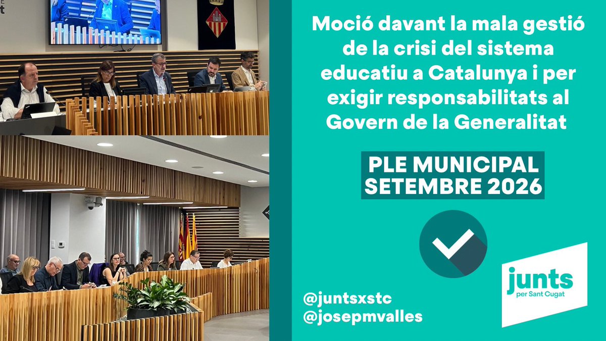 juntsxstc's tweet photo. El #PleStC municipal reprova la gestió del Govern de la Generalitat en relació a les proves PISA 2025 i el conflicte que ha comportat l’inici del curs 2026-2027.
✅ JuntsXStC, ERC, PP, CUP, VOX.
❌ PSC.
Abst: ECP.
📄 Consulta la moció: https://t.co/CNN3y52IOp https://t.co/omqxjSMtIR