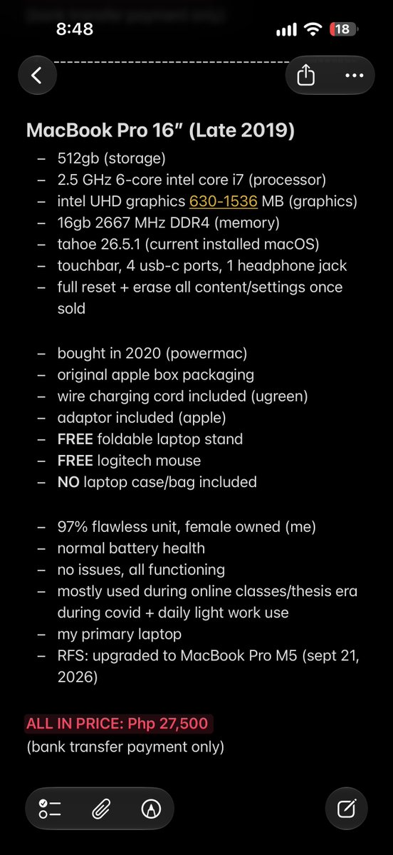 ishyungshi's tweet photo. macbook declutter for sale :) 

serious buyers only - inquire via dm 
pls check photos for specs/usage/inclusions

₱2k downpayment required! 

mop — bank transfer (payo)
mod — meet up (bgc only) 

rt pls 🫶🏻 https://t.co/Y7CZUhMHFW