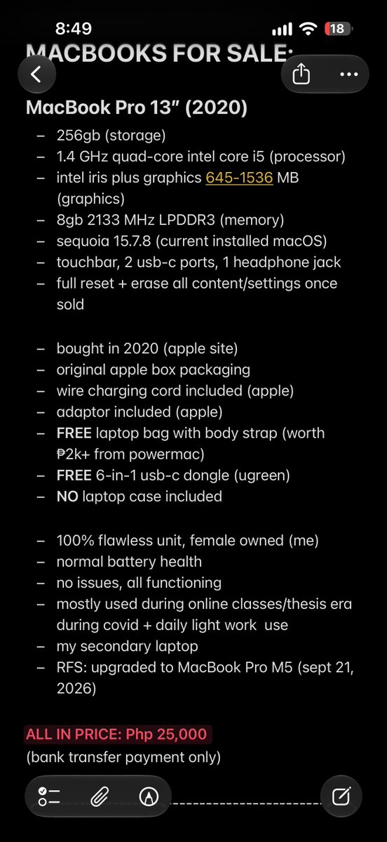 ishyungshi's tweet photo. macbook declutter for sale :) 

serious buyers only - inquire via dm 
pls check photos for specs/usage/inclusions

₱2k downpayment required! 

mop — bank transfer (payo)
mod — meet up (bgc only) 

rt pls 🫶🏻 https://t.co/Y7CZUhMHFW