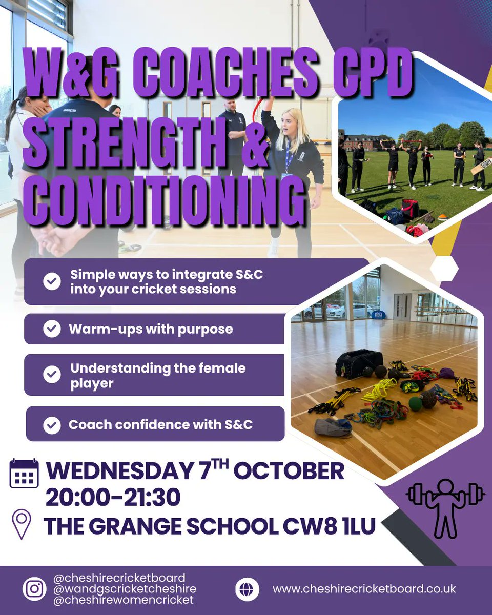 CheshireCB's tweet photo. 🔥 Last Remaining spots!

Women &amp; Girls Coaches — come level up your sessions

💪 Simple S&amp;C ideas
🏃‍♀️ Better warm‑ups
✨ More confidence on the field

Join us at The Grange 👇
https://t.co/E6GoEnQmVp

#womenandgirlscoaching #CricketCoaching #girlscricket #WomensCricket https://t.co/PCs5gA4gPn