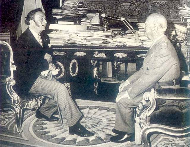 JackPosobiec's tweet photo. Franco Friday Facts:  

Salvador Dali was an ardent supporter of General Franco, visiting him often in Madrid, and would send him telegrams of congratulations for ridding Spain of communist 'destructive forces'  

Dali's sister had been captured and tortured by the communists https://t.co/Ctjij2Qjso