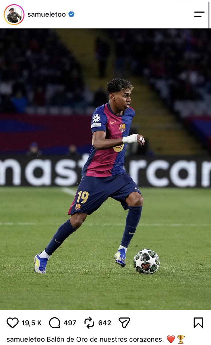 _BeFootball's tweet photo. 🚨 SAMUEL ETO’O 🇨🇲 VIENT DE PUBLIER UN POST INSTA POUR EXPRIMER SON SOUHAIT DE VOIR LAMINE YAMAL 🇪🇸 BALLON D’OR ! 🤩🌕 (avec une pensée pou Dembélé 🇫🇷) 

« Ballon d’Or de nos cœurs. ❤️🏆 

Génie, audace, talent… bonne chance pour le Ballon d’Or.

Peu importe le verdict, une chose est sûre : à l’image d’Ousmane, tu es le Ballon d’Or de nos cœurs. Continue de nous faire rêver. »

(Instagram)
