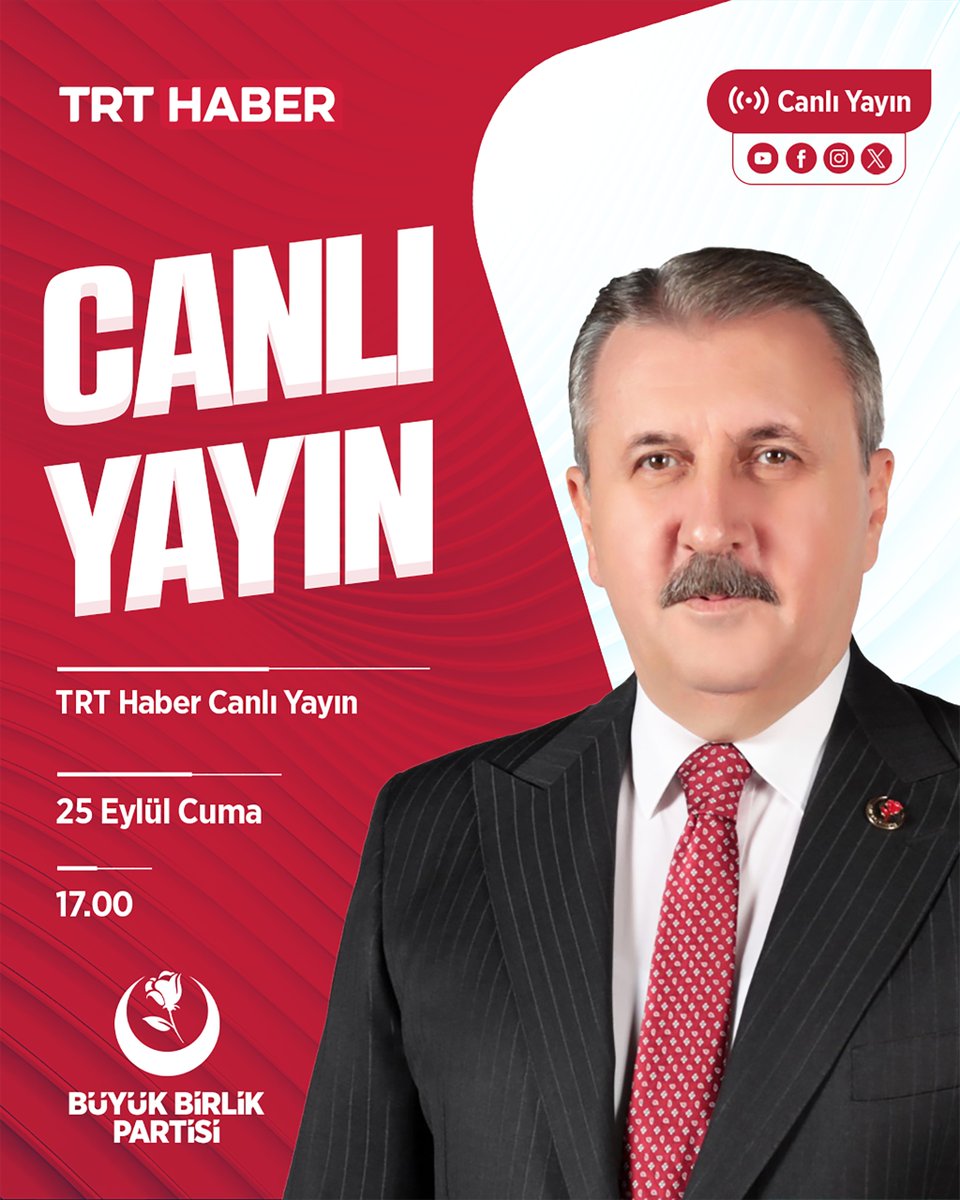 bbpgenelmerkez's tweet photo. Sayın Genel Başkanımız Mustafa Destici, ülke gündemine dair önemli değerlendirmelerde bulunmak üzere TRT Haber canlı yayınına konuk olacaktır.

🗓️Bugün
🕕17.00
📺TRT Haber https://t.co/uPI3gf5WoR