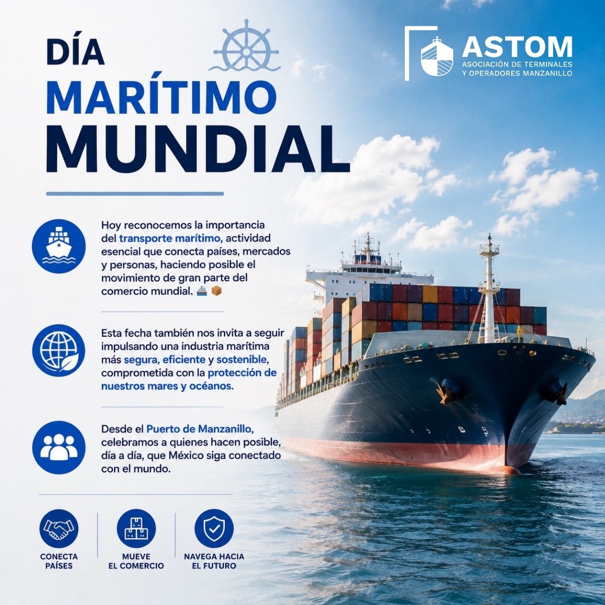 astom_mx's tweet photo. ⚓🌎 Día Marítimo Mundial

Reconocemos la importancia del transporte marítimo, actividad esencial que conecta países, mercados y personas, haciendo posible el movimiento de gran parte del comercio mundial. 🚢📦
Esta fecha también nos invita a seguir impulsando una industria marítima más segura, eficiente y sostenible, comprometida con la protección de nuestros mares y océanos.
Desde el Puerto de Manzanillo, celebramos a quienes hacen posible, día a día, que México siga conectado con el mundo. 🇲🇽🌊
#DíaMarítimoMundial #PuertoDeManzanillo #TransporteMarítimo #ComercioExterior #LogísticaPortuaria #Sustentabilidad