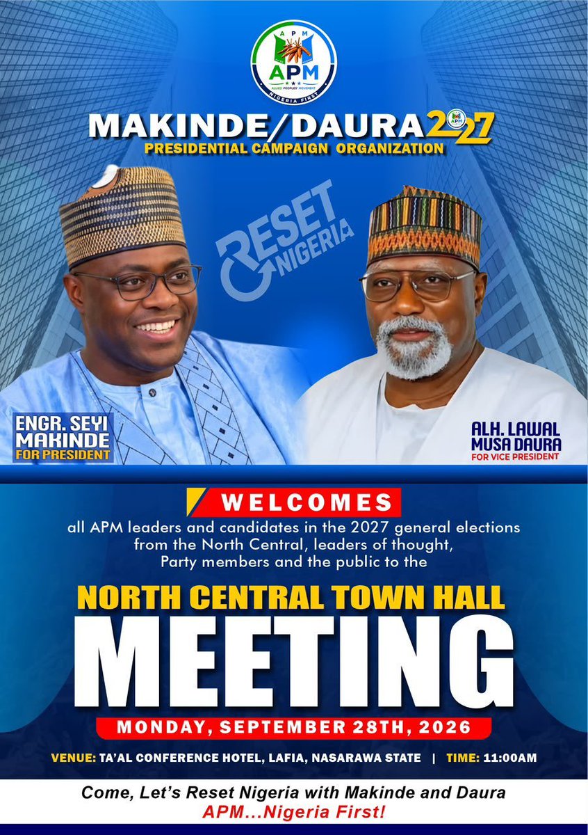 victorchrist012's tweet photo. RESET NIGERIA, Zone by Zone: North Central, It is Time!
We are on a deliberate mission to carry the #RESETNIGERIA blueprint to every Region, State, LGA and Ward in the country.
Support #MakindeDaura2027
#APMNorthCentralTownHall
Vote #APM @official_ApmNg
#IamAReseter https://t.co/qMG9tfZiC3