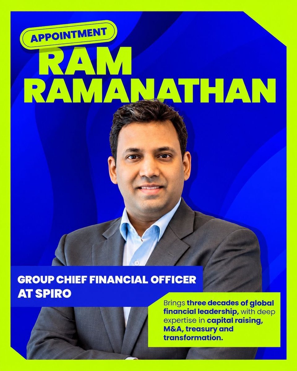 SPIROEVs's tweet photo. Spiro welcomes Ram Ramanathan as Group CFO. 

With 3 decades of international finance &amp; leadership experience across capital raising, M&amp;A, treasury, and corporate governance, Ram joins as Spiro scales across Africa and strengthens its financial foundations for the growth phase. https://t.co/WLqfEgJjQ1