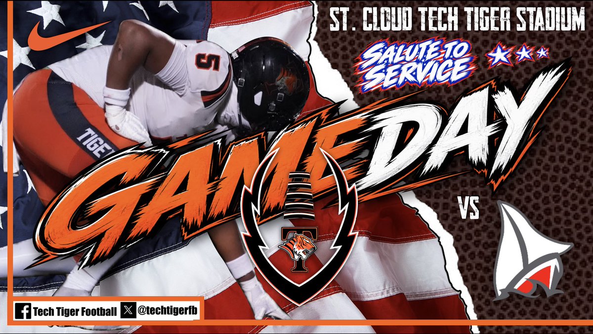 techtigerfb's tweet photo. ‼️‼️GAMEDAY‼️‼️

TECH vs. DETROIT LAKES

TIGER STADIUM - 7:00PM KICKOFF

SALUTE TO SERVICE

TICKETS: https://t.co/q0fwUZYnsu

LiVESTREAM: https://t.co/Yh7pY7uszu

Go Tigers! #efforthabit #tradition @ISD742 @tech_activities @THSFANSECTION1 https://t.co/FzALWdWbGZ