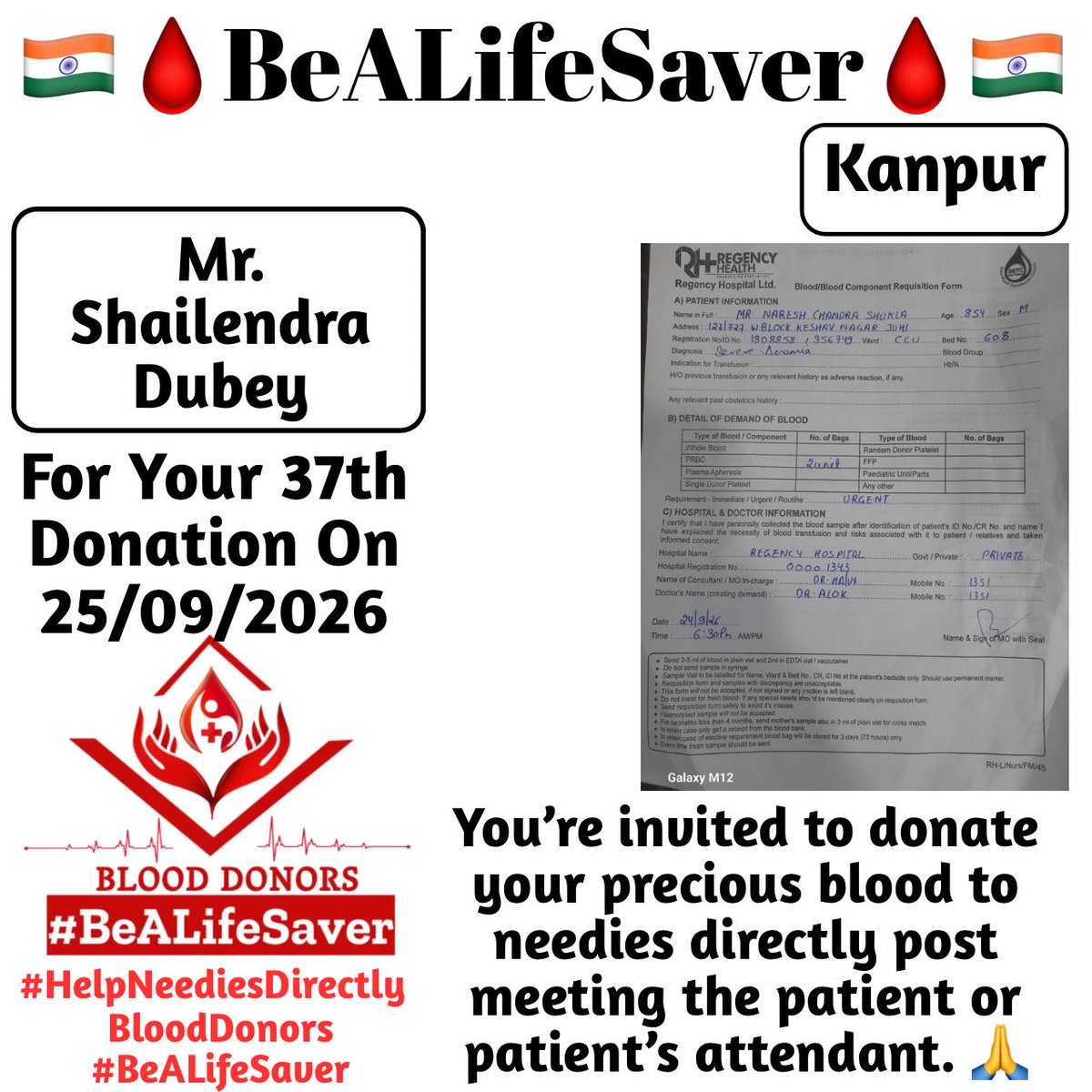 BeALifeSaver1's tweet photo. π Congrats To Dear Shailendra Dubey For His 37th Blood Donation π
#HelpNeediesDirectly #BeALifeSaver
Today's hero, Dear Shailendra Dubey, donated blood in Kanpur for the 37th time to help a patient in need. Heartfelt gratitude and respect for his selfless act. https://t.co/LjvT4lCfVf
