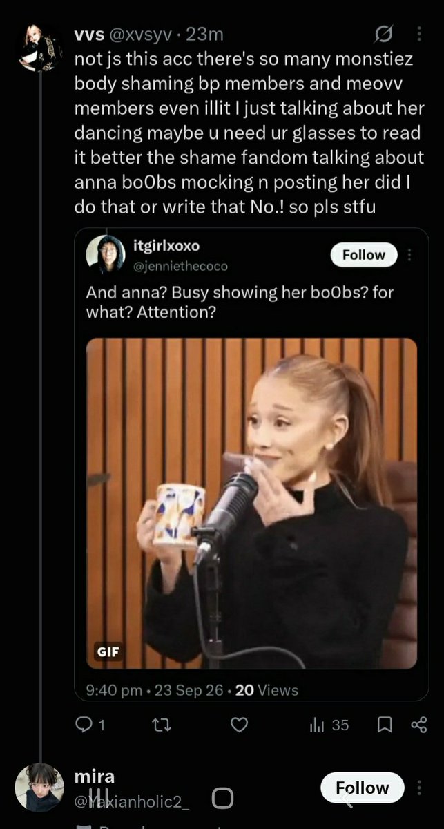 yvxsvz's tweet photo. mind u i was talking about her dancing not even mention her boobs or anything n saying bcz they cz they told Jennie n Lisa p*rn n they  were talking bout Ella underwear did this to illit too but when I said this is ur fandom she went pretty quiet block me again ahh monkhia shit https://t.co/PSGBX0vN1a