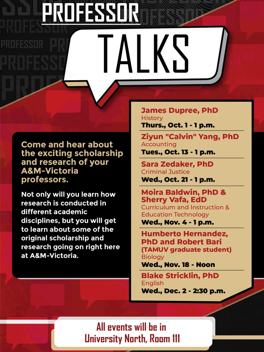 TAMU_VICTORIA's tweet photo. Come see our first Professor Talks by James Dupree on Thursday, Oct. 1 at 1 p.m.
https://t.co/Xo6vVeWWr6
#BiggerBetterBolder #VTX #VictoriaTX #JAXNATION #ClassOf2030 #CrushEm #TAMUV https://t.co/di1rCIpCka