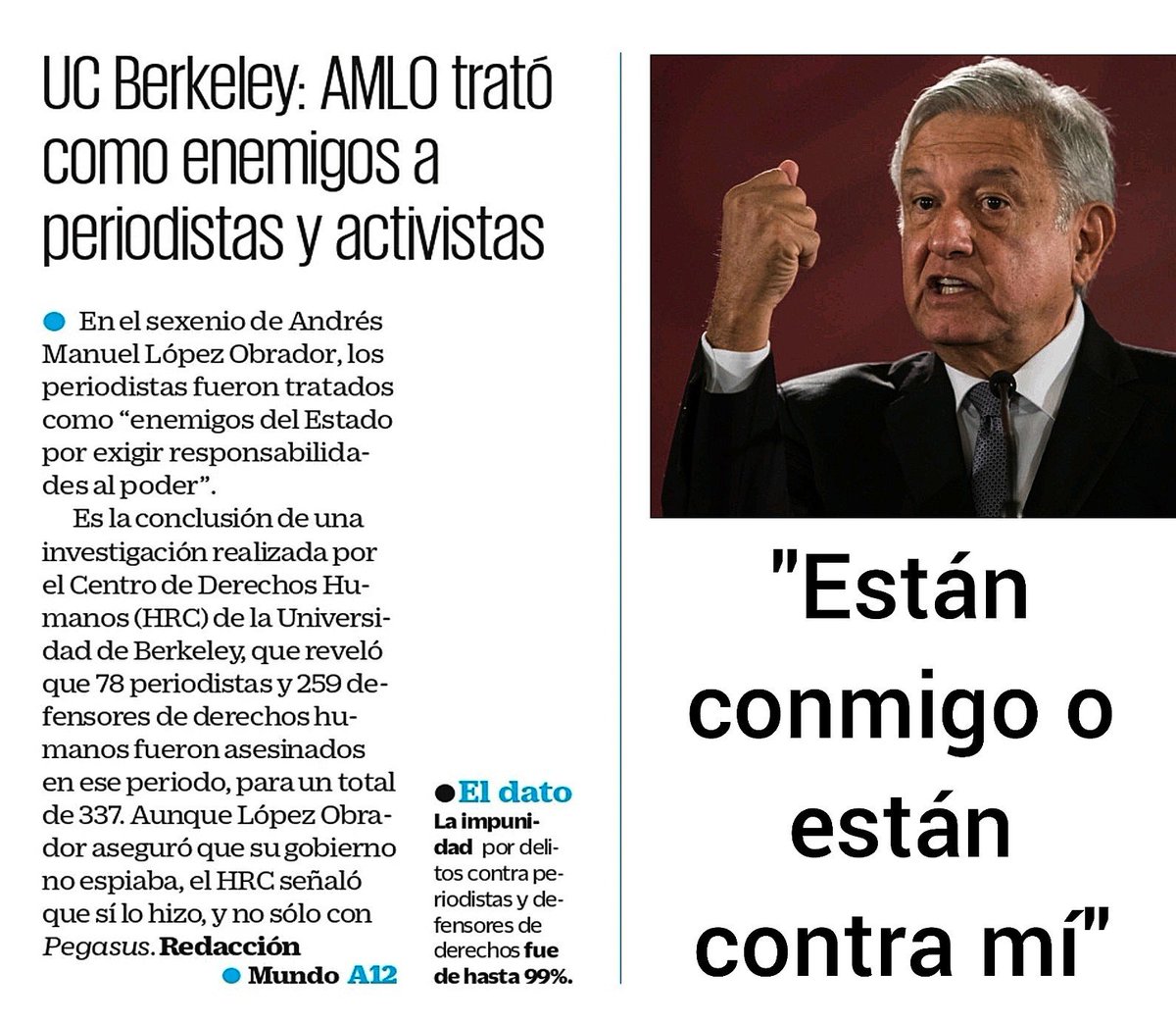 Melissa_Bely's tweet photo. ¿Adivinen en que Universidad de EEUU estudió Claudia Sheinbaum su doctorado?

En Berkeley...

¿Y adivinen que Universidad sacó un informe acerca de que AMLO trató a los periodistas como enemigos y los espiaba?

Si, Berkeley..

Durante su sexenio hubo 337 asesinados, 78 eran periodistas y 259 defensores.