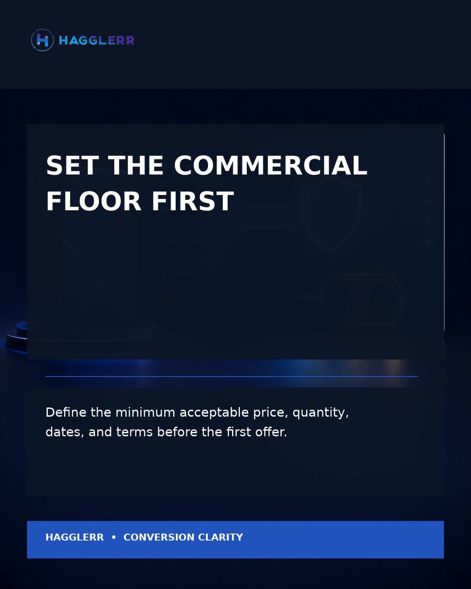 HagglerrApp's tweet photo. Set the commercial floor before the first offer. Define the minimum acceptable price, quantity, dates, and terms. A test without boundaries is not a useful pricing strategy. https://t.co/CLSiR8zpe6