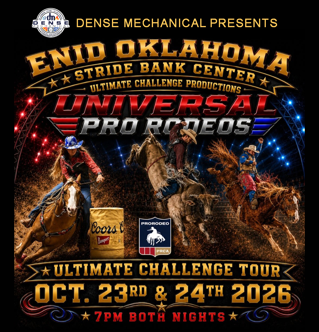 StrideBnkCenter's tweet photo. Dense Mechanical Presents Enid's Ultimate Challenge Rodeo
2 nights of Big bulls, Fast horses &amp; Unbeatable energy. 🐎
For tickets visit https://t.co/c6BP1m48T2 https://t.co/D8454Jho3Y