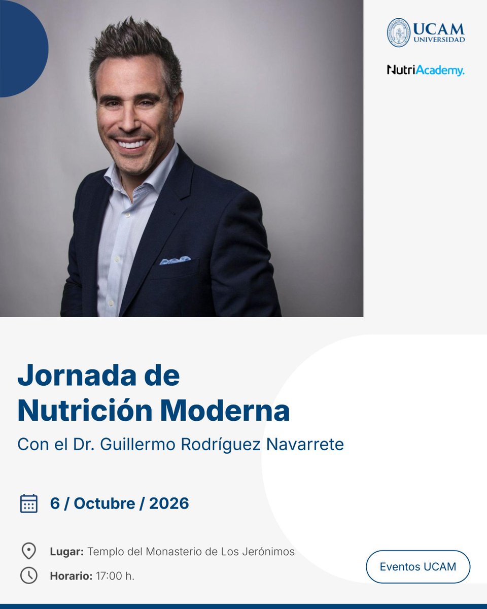 UCAM's tweet photo. 🥗 La UCAM y NutriAcademy celebran el 6 de octubre la Jornada de Nutrición Moderna, con el Dr. Guillermo Rodríguez Navarrete.

📅 6 de octubre | 17:00 h
📍 Templo del Monasterio de Los Jerónimos

👉 Más información e inscripciones: https://t.co/BaiIzTo4fp https://t.co/SmSeofSGzp