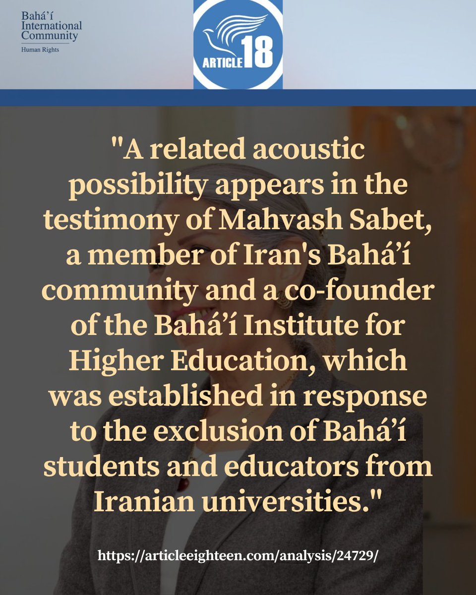 BahaiBIC_Rights's tweet photo. @articleeighteen republishes an analysis by Fred Petrossian examining the acoustic world of imprisonment in Iran. The article documents how Baha'i prisoners, including #MahvashSabet, co-founder of the Baha'i Institute for Higher Education, experienced both the suffering and solidarity transmitted through sound. Sabet heard a woman crying and screaming from a neighbouring cell and responded, breaching the isolation acoustically even as the wall remained intact.

#BahaiRights #Iran #HumanRights #Article18