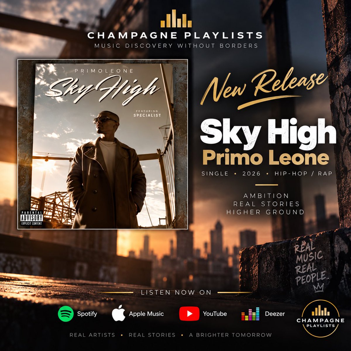 ChampagnePlay's tweet photo. 🔥 NEW RELEASE

“Sky High” — Primo Leone

Fresh Hip-Hop from the Champagne Family. Strong presence, attitude and a production that sets the mood from the start.

🎧 https://t.co/GUWxorZEtQ

#ChampagnePlaylist #HipHop #NewMusic https://t.co/fpn67w041i