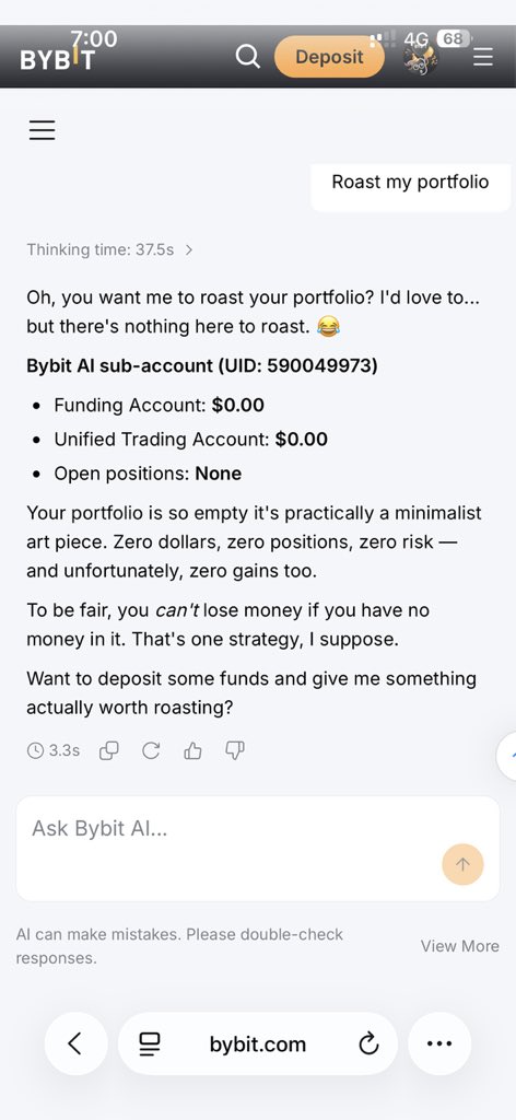 Remesis757's tweet photo. @Bybit_Official Ai agent is being honest😭
Select me as a winner so that i can increase my portfolio 😐
 @Bybit_Official https://t.co/v5nBf2DV5q