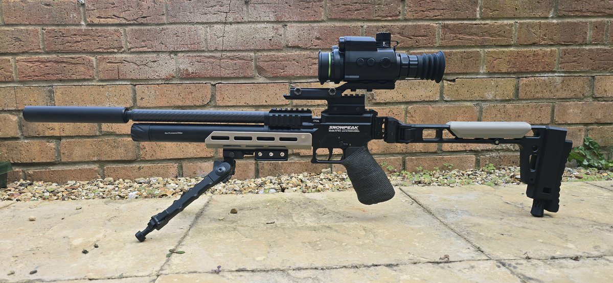 davsurfa's tweet photo. Got the AP900 how I want it, wierhrauch mod, accu-tec style bipod, arca swiss block separate, picatinny riser for the hik cheetah, picatinny block to extend the lop, adjustable butt stock with monopod #airrifle #shooting #snowpeak #ap900 #hikmicro #cheetah #lrf #jsb #exact https://t.co/aMiQ00feW2