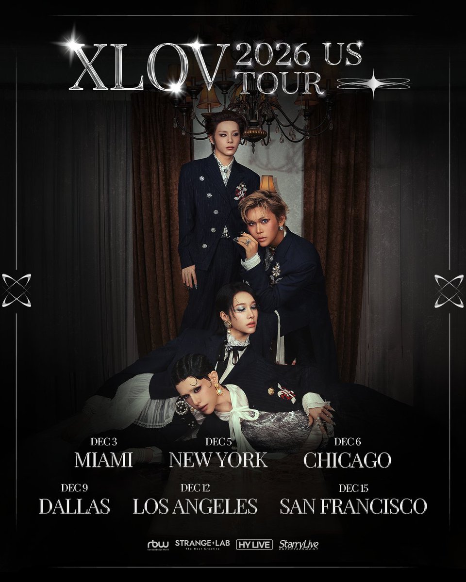hylive_official's tweet photo. XLOV US TOUR 2026

EVOL, THE WAIT IS OVER. 󰵗🔥
XLOV IS FINALLY COMING TO THE US.

This December, XLOV takes their next chapter across the US with their first-ever US tour.

Six cities. Six stages. One unforgettable journey with EVOL

📍 DEC 3 · MIAMI
📍 DEC 5 · NEW YORK
📍 DEC 6 · CHICAGO
📍 DEC 9 · DALLAS
📍 DEC 12 · LOS ANGELES
📍 DEC 15 · SAN FRANCISCO

A new chapter begins. Be there from the very first moment. 🖤

Tour and ticket details coming soon.
Stay tuned.
@starryliveent | https://t.co/3026hqSlji

#XLOV #엑스러브 @XLOV_official 
#WUMUTI #우무티 #RUI #루이 #HYUN #현 #HARU #하루
#XLOVTour2026 #XLOVUSTour #StarryLive #HYLIVE