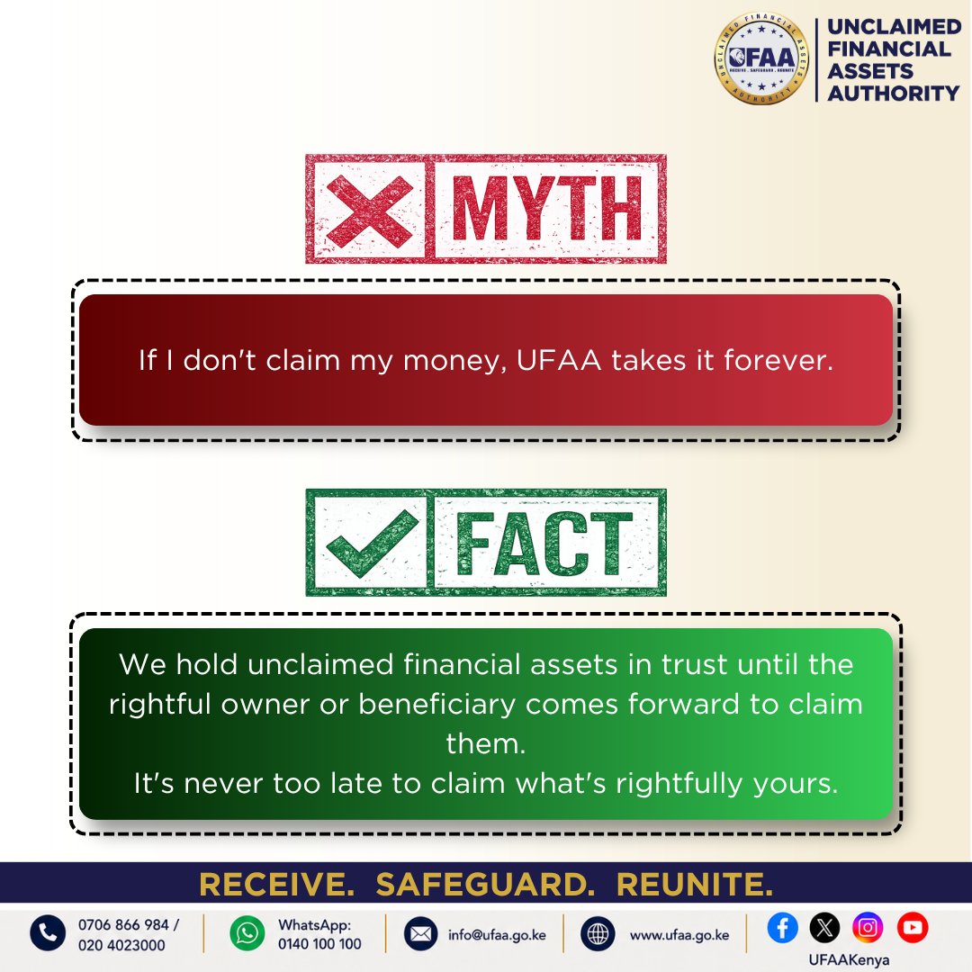UFAAKenya's tweet photo. Did you know? Your unclaimed financial assets don’t simply disappear when you don’t claim them.
UFAA safeguards them until the rightful owner or beneficiary makes a claim. It’s never too late to claim what’s rightfully yours.
#ufaa #receivesafeguardreunite #sasakaribunawe https://t.co/ipLPJV8Cj2