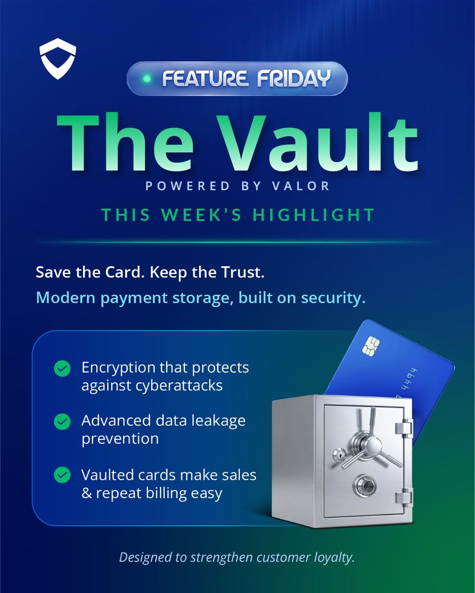 ValorPayTech's tweet photo. Saved cards, fully protected. 🔐

💳 Store customer payment data with advanced encryption, then charge it anytime, anywhere across Portal, app, and POS.

Message us to see how The Vault fits your checkout flow.
https://t.co/MB8q33iBdG

#FeatureFriday #TheVault #DataSecurity https://t.co/ETZhubR3H9