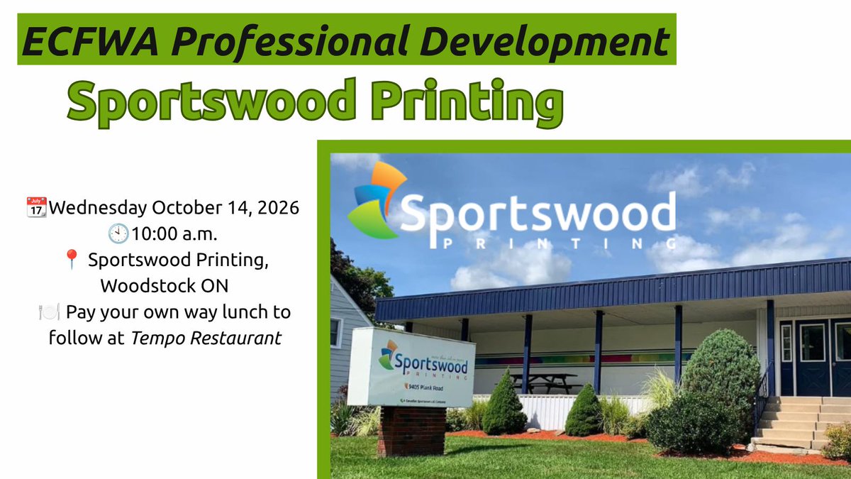 ecfwa's tweet photo. Professional Development Tour 🎉 Join #ECFWA on October October 14 for a behind-the-scenes look at one of Ontario’s leading commercial printing operations: Sportwood Printing.
For more information an to register visit: https://t.co/Ed51M7KSie https://t.co/9bEbd7H7Gu