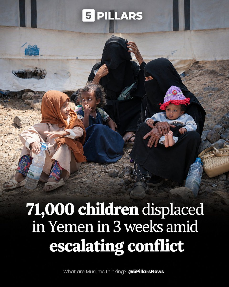 5Pillarsuk's tweet photo. Some 71,000 children have been forced from their homes in Yemen over the past three weeks amid escalating conflict, UNICEF said Friday, warning that hunger and displacement are putting children at growing risk.

Akhil Iyer, UNICEF's country representative in Yemen, told reporters in Geneva that nearly 130,000 people, including 71,000 children, had been displaced during the period, with most uprooted from or within the southwestern governorate of Taiz.

"Conflict is driving hunger, and hunger makes children even more vulnerable to conflict," Iyer said.
