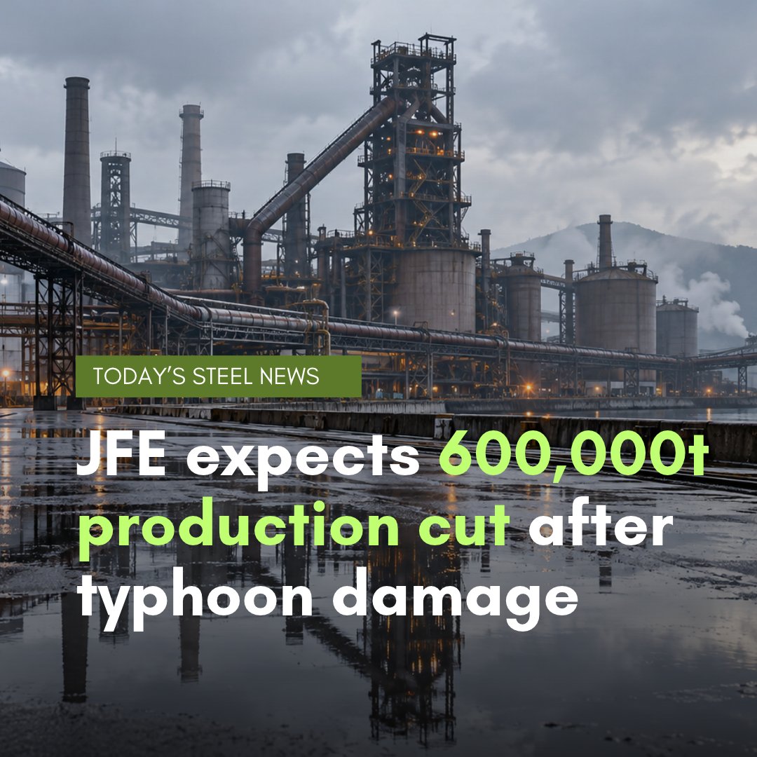 kallanish's tweet photo. Japan-based JFE Steel expects its production to fall by about 600,000 tonnes as a result of damage inflicted on its East Japan Works in the Chiba area by heavy rains and Typhoon No. 25, Kallanish notes.

Read more in today's #steel news: https://t.co/v9uaaKgDed https://t.co/EynEWTDVUE