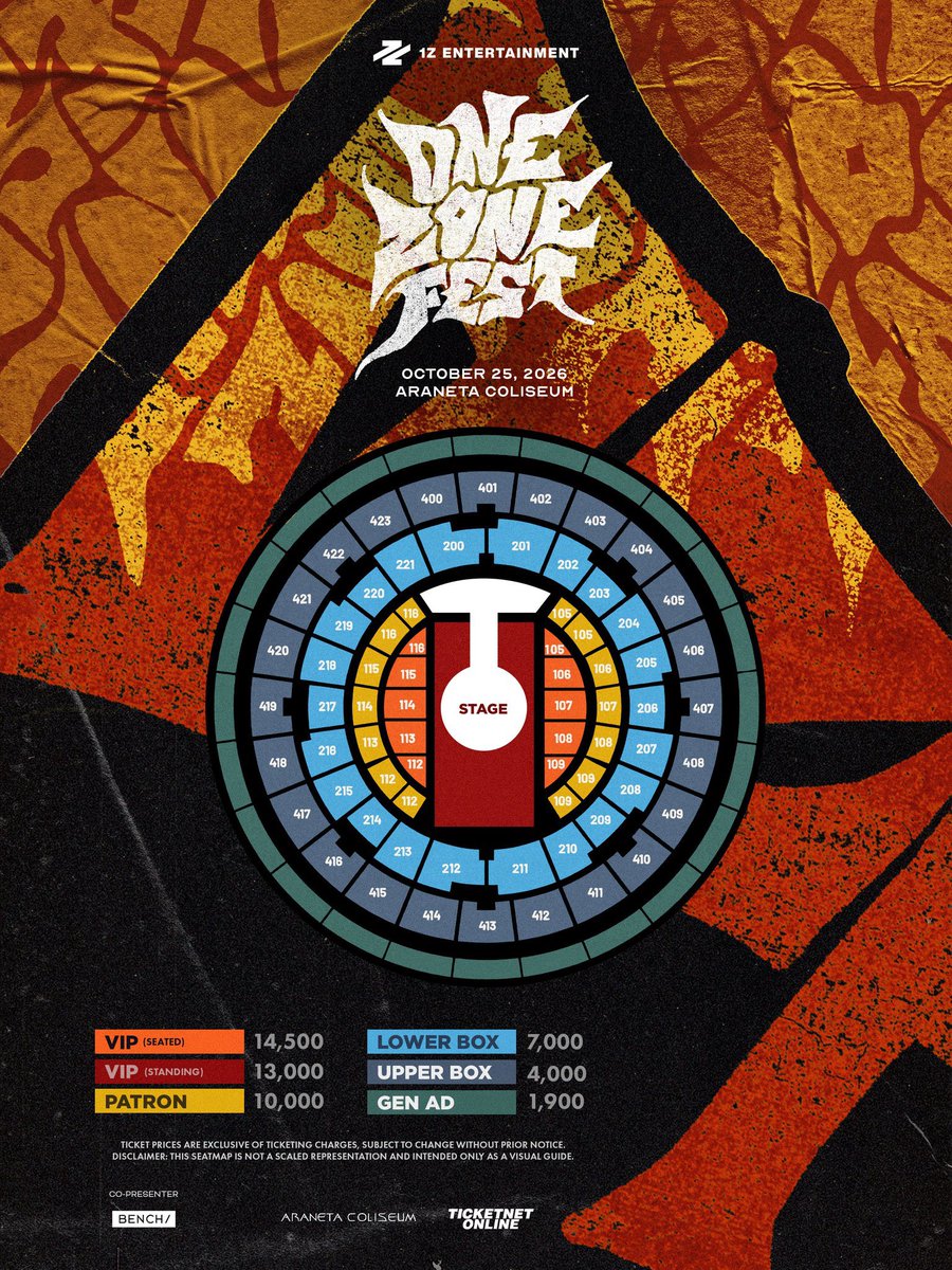 philconcerts's tweet photo. Seat plan, ticket prices, and inclusions for ONE ZONE FEST DAY 2: SB19’s 8th Anniversary Fanmeet on October 25 at the Araneta Coliseum

- General sale (DAY 1 & 2) September 30 (WED), 3PM PHT via TicketNet.
- Global Fan Package: Limited only. Stay in the zone for more details.

#OZF #OneZoneFest #1ZEntertainment @1zentertainment @SB19Official