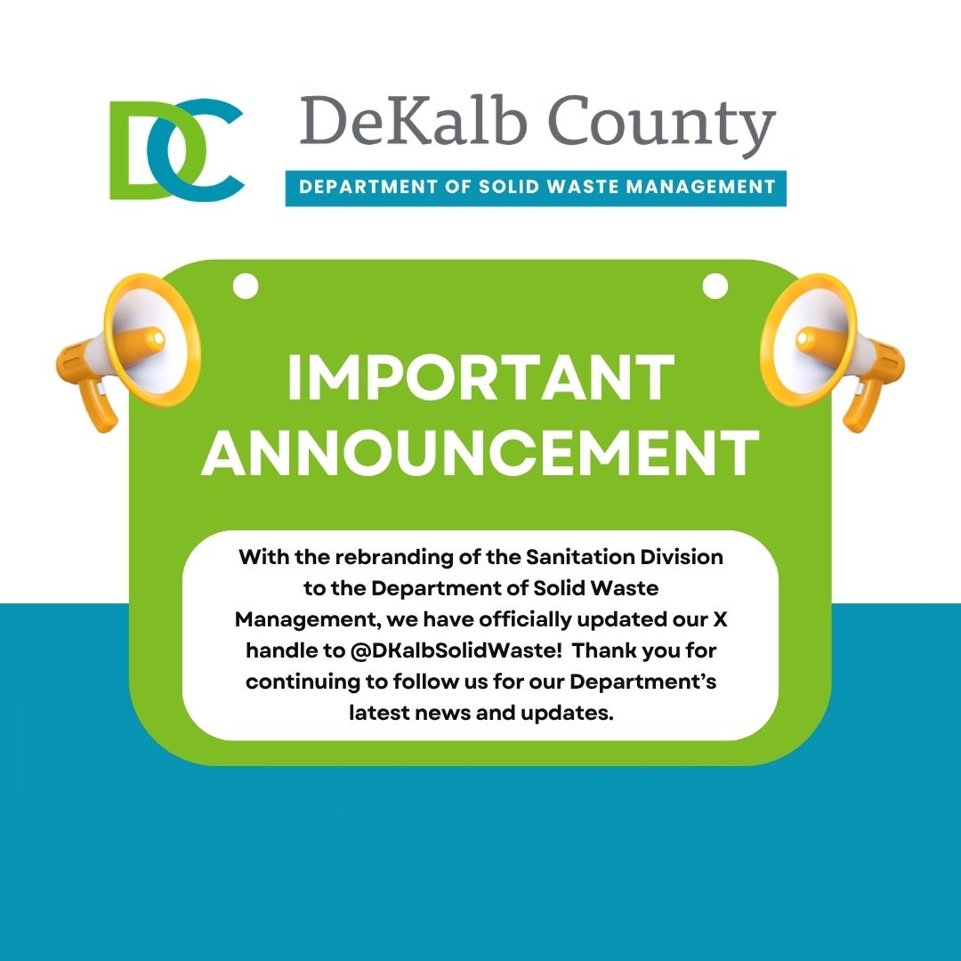 DKalbSolidWaste's tweet photo. We have officially updated our X handle to @DKalbSolidWaste! Thank you everyone for continuing to follow us for news and updates from our Department! https://t.co/69YWdEaZd7