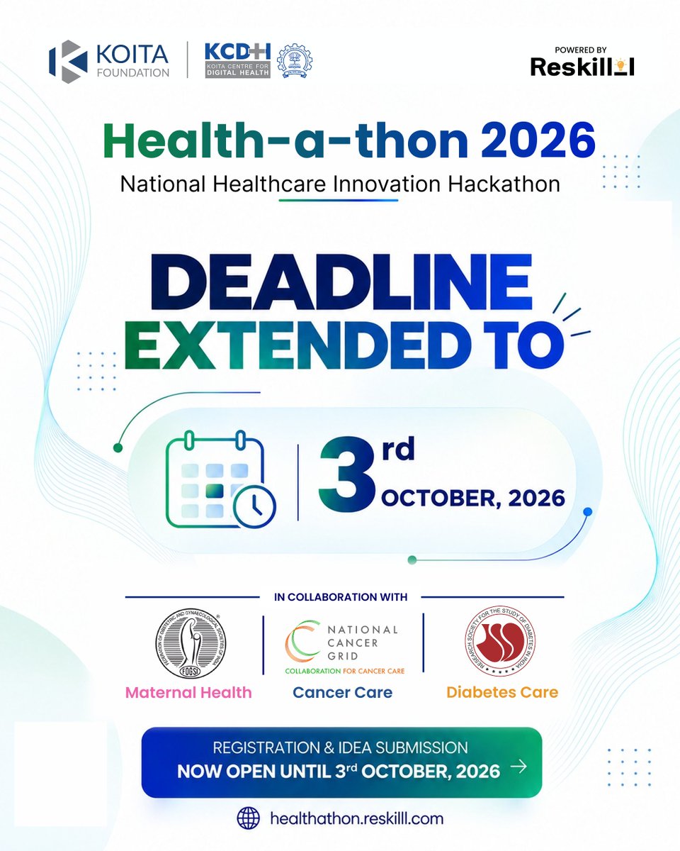 Reskilll's tweet photo. WE HEARD YOU.

The Registration & Idea Submission window for Health-a-thon 2026 has been extended.

3,500+ registrations.
400+ teams.
Hundreds of ideas taking shape.

With more teams coming together and ideas taking shape, we’re giving participants a little more time to find the right collaborators and refine their ideas.

NEW DEADLINE: 3 OCTOBER 2026

Find your team. Shape your idea. Build what healthcare needs next.

Register & submit your idea: https://t.co/htDI9NopWm

Health-a-thon 2026 is presented by Koita Foundation and Koita Centre for Digital Health (KCDH), IIT Bombay, in collaboration with FOGSI, National Cancer Grid (NCG) and RSSDI, and powered by Reskilll.

#iqoo #reskilll