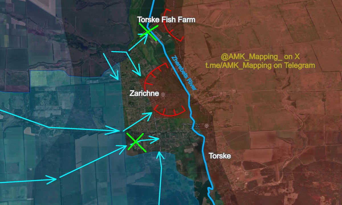 AMK_Mapping_'s tweet photo. Closer-up view of the situation in the Lyman direction - Zarichne sector:

Ukrainian assault groups are currently conducting a three-pronged attack on the village of Zarichne, in an attempt at eliminating the Russian bridgehead west of the Zherebets River.

From the south, they are pushing north from their previously captured positions in the forests east of Lyman into the southern part of Zarichne, where a small foothold was recently established. They are attempting to further consolidate these positions and infiltrate further north towards the centre of Zarichne. 

This attack is being supported by ongoing infiltrations into the village from the east. Ukrainian forces are moving along the Lyman-Zarichne Road into the small industrial zone on the southwestern edge of the village, where heavy fighting is ongoing. They are also infiltrating east along the newly-recaptured Pynkov Gulley, and entering the western part of Zarichne, although no foothold has been established yet. 

In the north, the Ukrainian advance has stalled. They were able to consolidate their earlier foothold in the northern streets of Zarichne, and captured the agricultural buildings on the northwestern outskirts, but have so far been unable to reach the centre of the settlement due to fierce Russian resistance and good coordination between Russian drone operators and artillery crews, who are inflicting heavy casualties on the advancing Ukrainian assault groups. The earlier Ukrainian attempts to cross the Zherebets River and entrench in the area of the Torske Fish Farm were repelled, and their attempts have been seemingly halted for the last few days.