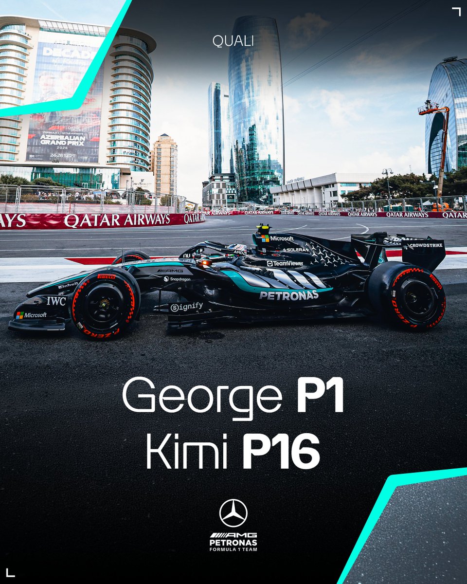 MercedesAMGF1's tweet photo. A first Baku pole for George. P16 for Kimi after hitting the wall in Q1 
Big race ahead of us tomorrow, Team 😤 https://t.co/W4BnFh4zG4