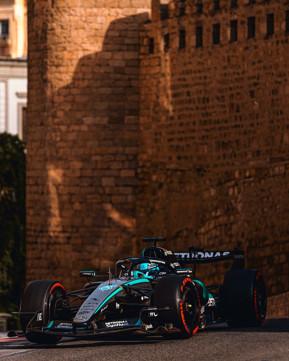 MercedesAMGF1's tweet photo. A first Baku pole for George. P16 for Kimi after hitting the wall in Q1 
Big race ahead of us tomorrow, Team 😤 https://t.co/W4BnFh4zG4